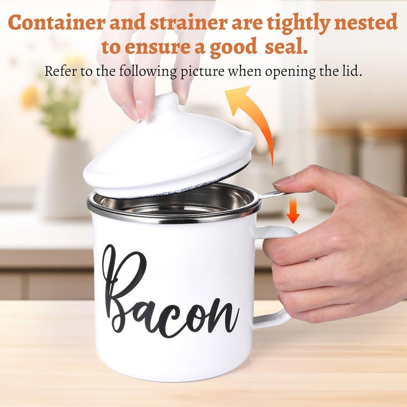 Fondpen Bacon Grease Container with Strainer - 15oz Enamel Grease Container, White Elephant Gifts For Kitchen Fat Storage, Dishwasher Safe- White - Image 4